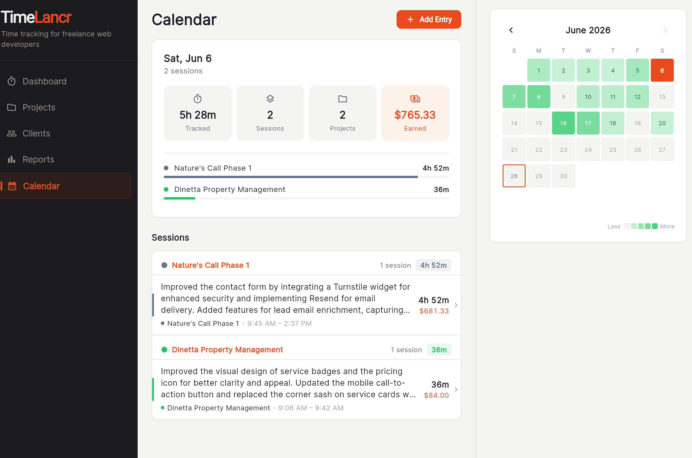 TimeLancr calendar view showing a day's tracked sessions, hours worked, and earnings for two client projects